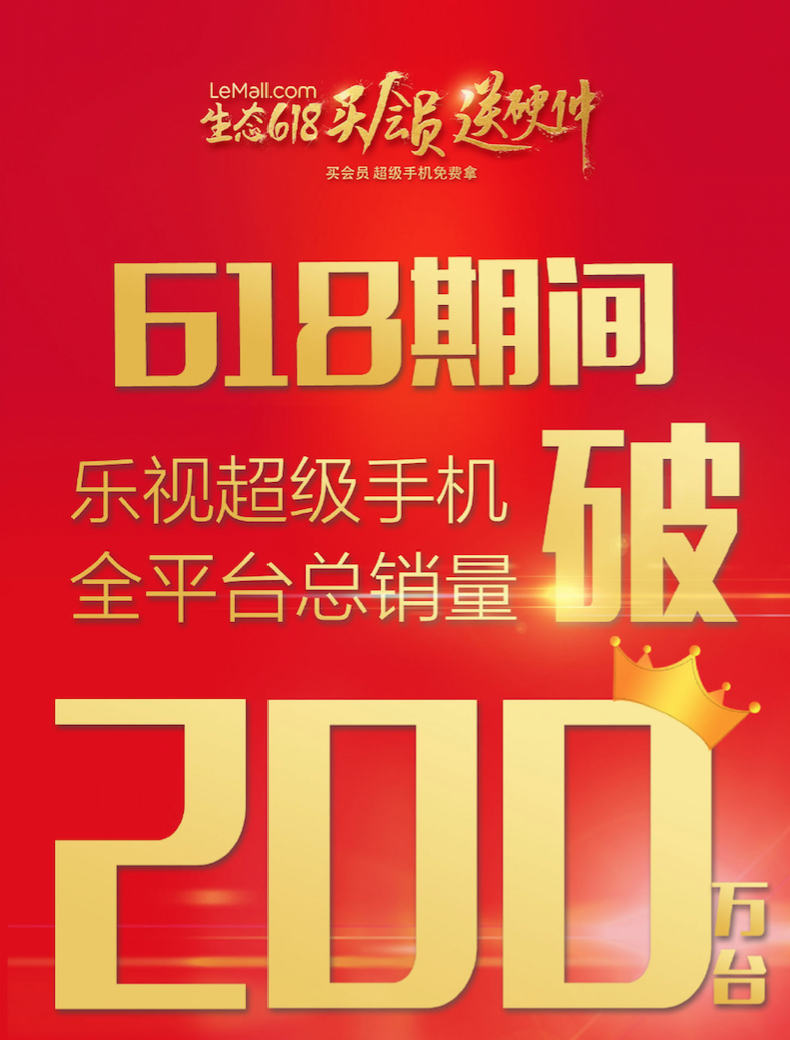 乐视手机618总销量破200万 乐2勇夺京东、天猫千元以上销量冠军