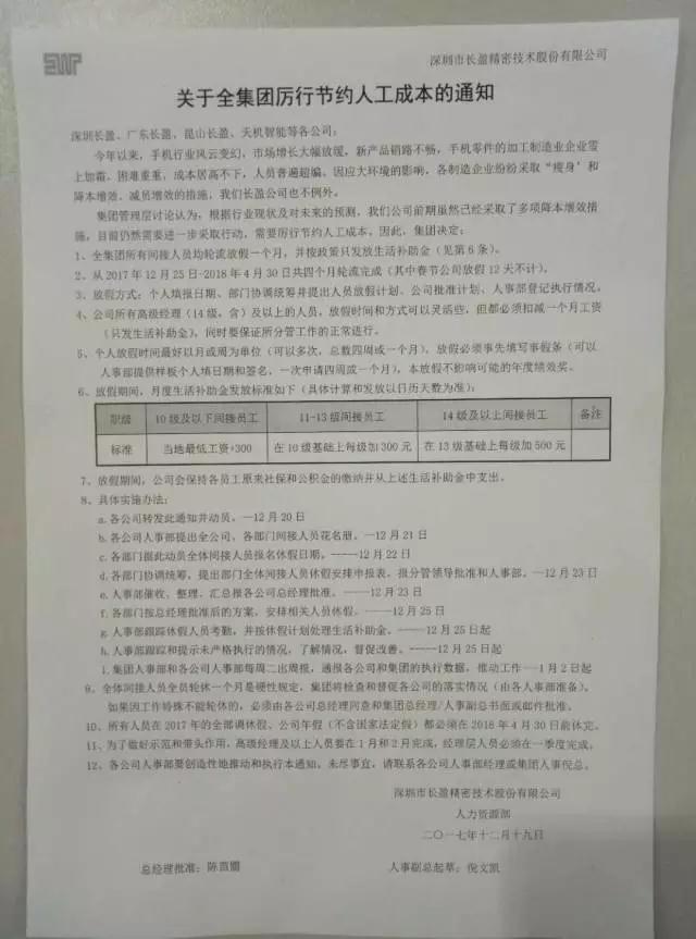 长盈精密澄清“亏损2亿AB客户出问题”不存在，员工轮流休假一月