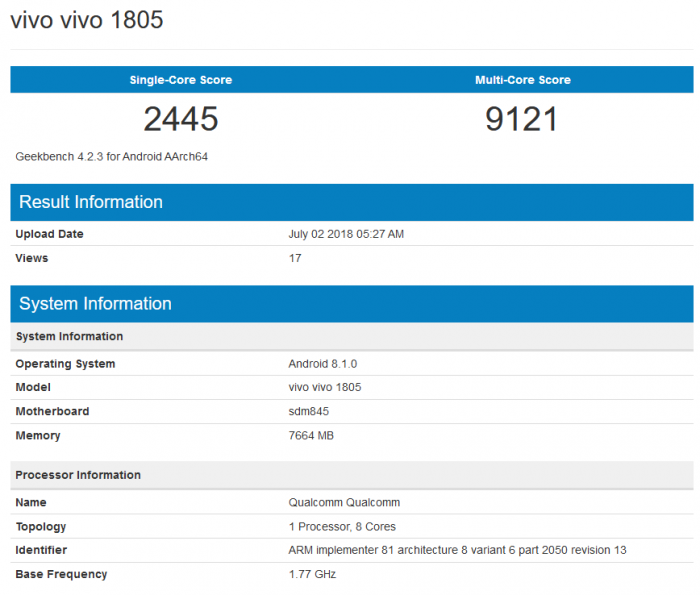 vivo又一款骁龙845旗舰现身：单核2445 多核9121