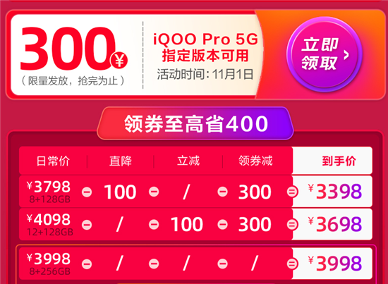 最低售价仅3398元 iQOO Pro 5G版限时优惠享不停